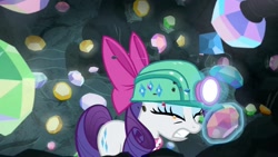 Size: 1920x1080 | Tagged: safe, imported from derpibooru, screencap, rarity, the end in friend, bow, cave, eyelashes, female, gem, gem cave, gemstones, hair bow, headlamp, helmet, mare, missing horn, neckerchief, solo, underground