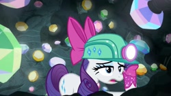 Size: 1920x1080 | Tagged: safe, imported from derpibooru, screencap, rarity, the end in friend, bow, cave, eyelashes, female, gem, gem cave, gemstones, hair bow, headlamp, helmet, mare, missing horn, neckerchief, solo, underground