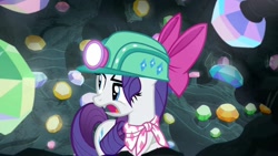 Size: 1920x1080 | Tagged: safe, imported from derpibooru, screencap, rarity, the end in friend, bow, cave, eyelashes, female, gem, gem cave, gemstones, hair bow, headlamp, helmet, mare, missing horn, neckerchief, solo, underground