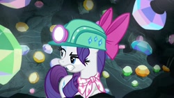 Size: 1920x1080 | Tagged: safe, imported from derpibooru, screencap, rarity, the end in friend, bow, cave, eyelashes, female, gem, gem cave, gemstones, hair bow, headlamp, helmet, mare, missing horn, neckerchief, solo, underground