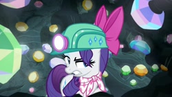 Size: 1920x1080 | Tagged: safe, imported from derpibooru, screencap, rarity, the end in friend, bow, cave, eyelashes, female, gem, gem cave, gemstones, hair bow, headlamp, helmet, mare, missing horn, neckerchief, solo, underground