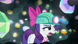 Size: 1920x1080 | Tagged: safe, imported from derpibooru, screencap, rarity, the end in friend, bow, cave, eyelashes, female, gem, gem cave, gemstones, hair bow, headlamp, helmet, mare, missing horn, neckerchief, solo, underground