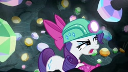 Size: 1920x1080 | Tagged: safe, imported from derpibooru, screencap, rarity, the end in friend, bow, cave, eyelashes, female, gem, gem cave, gemstones, hair bow, headlamp, helmet, mare, missing horn, neckerchief, solo, underground