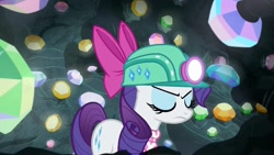 Size: 1920x1080 | Tagged: safe, imported from derpibooru, screencap, rarity, the end in friend, bow, cave, eyelashes, female, gem, gem cave, gemstones, hair bow, headlamp, helmet, mare, missing horn, neckerchief, solo, underground