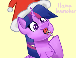 Size: 3000x2300 | Tagged: safe, artist:llamalauncher, imported from derpibooru, twilight sparkle, alicorn, pony, candy, candy cane, christmas, female, food, hat, holiday, licking, santa hat, simple background, solo, tongue out, twilight sparkle (alicorn)