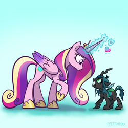 Size: 2048x2048 | Tagged: safe, artist:pfeffaroo, imported from derpibooru, part of a set, princess cadance, queen chrysalis, alicorn, changeling, changeling queen, nymph, pony, age regression, angry, cute, cutealis, cutedance, duo, duo female, female, filly, filly queen chrysalis, frown, glowing, glowing horn, heart, high res, horn, light blue background, looking at each other, looking at someone, madorable, magic, magic aura, mare, open mouth, raised hoof, shadow, signature, simple background, smiling, younger