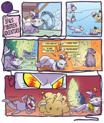 Size: 1920x2280 | Tagged: safe, artist:michela cacciatore, idw, imported from derpibooru, opalescence, trench (g4), cat, rat, snake, spoiler:comic, spoiler:comicgenerations04, ball of violence, cake, comic, female, food, misspelling, my little pony: generations, violence