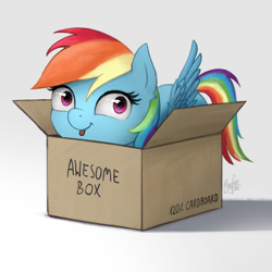 Size: 1300x1300 | Tagged: safe, alternate version, artist:magfen, imported from derpibooru, rainbow dash, pegasus, pony, :p, alternate character, box, cute, dashabetes, female, if i fits i sits, mare, pony in a box, simple background, solo, tongue out, white background