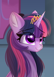 Size: 1748x2480 | Tagged: safe, artist:janelearts, imported from derpibooru, twilight sparkle, alicorn, pony, alternate hairstyle, bust, crown, ear fluff, eye clipping through hair, eyebrows, eyebrows visible through hair, eyelashes, female, high res, horn, jewelry, mare, multicolored mane, regalia, smiling, solo, twilight sparkle (alicorn)