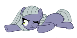 Size: 1080x538 | Tagged: safe, edit, edited screencap, imported from derpibooru, limestone pie, earth pony, pony, the maud couple, female, frown, hooves, lying down, mare, missing cutie mark, one eye closed, prone, simple background, solo, transparent background