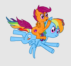 Size: 2750x2550 | Tagged: safe, artist:nate5700, imported from derpibooru, rainbow dash, scootaloo, pegasus, pony, flying, ponies riding ponies, riding, scootaloo riding rainbow dash, simple background, spread wings, wings