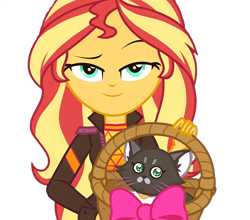 Size: 1635x1440 | Tagged: safe, edit, edited screencap, imported from derpibooru, screencap, sunset shimmer, cat, equestria girls, equestria girls series, sunset's backstage pass!, spoiler:eqg series (season 2), background removed, basket, dreamworks face, hattie, lidded eyes, looking at you, not a vector, simple background, smugset shimmer, transparent background