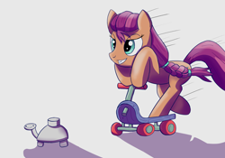 Size: 5000x3508 | Tagged: safe, artist:trackheadtherobopony, imported from derpibooru, sunny starscout, earth pony, pony, absurd resolution, asdfmovie, braid, crossover, female, g5, gray background, grin, hooves, imminent explosion, mare, mine turtle, motion lines, my little pony: a new generation, oh no, scooter, shadow, simple background, smiling, this will end in explosions, this will not end well