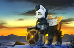 Size: 4000x2619 | Tagged: safe, artist:dipfanken, imported from derpibooru, oc, oc only, pegasus, pony, armor, clothes, colored wings, mountain, partially open wings, scenery, shield, sky, snow, solo, sunset, two toned wings, wing fluff, wings