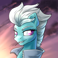 Size: 1770x1763 | Tagged: safe, artist:not-ordinary-pony, derpibooru exclusive, imported from derpibooru, fleetfoot, pegasus, pony, bust, crepuscular rays, female, mare, portrait, smiling, solo, sunset, warmup suit, wonderbolts