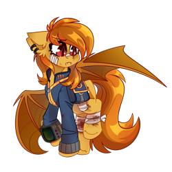 Size: 1766x1766 | Tagged: safe, artist:star-theft, imported from derpibooru, oc, oc only, bat pony, pony, fallout equestria, clothes, jumpsuit, pipbuck, simple background, solo, transparent background, vault 111, vault suit