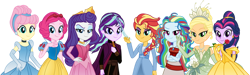 Size: 1024x307 | Tagged: safe, artist:emeraldblast63, imported from derpibooru, applejack, fluttershy, pinkie pie, rainbow dash, rarity, starlight glimmer, sunset shimmer, twilight sparkle, equestria girls, alternate hairstyle, anna (frozen), beauty and the beast, belle, cinderella, clothes, clothes swap, disney princess, dress, elsa, female, flower, frozen (movie), humane five, humane six, lidded eyes, looking at you, moana, moana waialiki, princess aurora, princess tiana, rose, simple background, sleeping beauty, snow white, the princess and the frog, tiana, transparent background