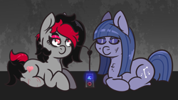 Size: 1229x693 | Tagged: safe, artist:lazerblues, imported from derpibooru, oc, oc only, oc:cosmia nebula, oc:miss eri, earth pony, pony, black and red mane, chillaxing, earbuds, eyes closed, ipod, mp3 player, relaxing, sharing headphones, two toned mane