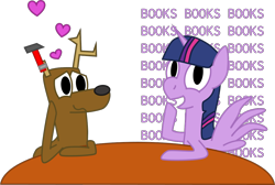 Size: 1186x798 | Tagged: safe, artist:tomnice, derpibooru exclusive, imported from derpibooru, twilight sparkle, oc, alicorn, deer, pony, book, closed mouth, cute, deer oc, duo, duo male and female, female, hammer, implied canon x oc, implied interspecies, implied shipping, implied straight, male, mare, one sided shipping, open mouth, simple background, that pony sure does love books, transparent background, twilight sparkle (alicorn)