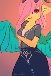 Size: 2000x3000 | Tagged: safe, artist:freeedon, imported from derpibooru, part of a set, fluttershy, anthro, draconequus, fanfic:my little pony: the unexpected future, draconequified, female, flutterequus, hair over one eye, solo, species swap