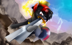 Size: 4000x2480 | Tagged: safe, artist:dormin-dim, imported from derpibooru, oc, oc only, earth pony, pony, hat, jewelry, lightning, low angle, mountain, necklace, rock, solo, sword, weapon