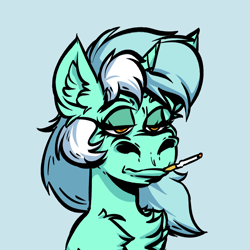 Size: 4000x4000 | Tagged: safe, artist:witchtaunter, imported from derpibooru, lyra heartstrings, pony, unicorn, absurd resolution, blue background, bored, bust, cigarette, cursed image, ear fluff, faic, female, l.u.l.s., lidded eyes, meme, nft, parody, ponified meme, rule 85, simple background, solo