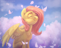 Size: 3000x2400 | Tagged: safe, artist:yarugreat, imported from derpibooru, fluttershy, butterfly, pegasus, pony, cute, eyes closed, fangs, shyabetes, smiling, solo, spread wings, wind, wings