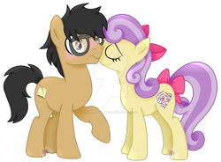 Size: 1280x944 | Tagged: safe, artist:pure-blue-heart, imported from derpibooru, oc, oc only, oc:feather pen, oc:vanilla wishes, earth pony, bow, cheek kiss, commission, couple, deviantart watermark, glasses, hair bow, kissing, obtrusive watermark, shading, simple background, tail, tail bow, transparent background, watermark