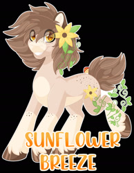 Size: 1280x1646 | Tagged: safe, artist:missbramblemele, imported from derpibooru, oc, oc only, oc:sunflower breeze, earth pony, pony, black background, earth pony oc, flower, flower in hair, grin, looking at you, male, simple background, smiling, smiling at you, solo, stallion