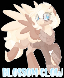 Size: 1280x1562 | Tagged: safe, artist:missbramblemele, imported from derpibooru, oc, oc:blossom glow, pegasus, pony, black background, clothes, colored wings, female, glasses, mare, simple background, solo, sweater, two toned wings, wings