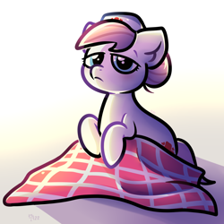 Size: 1024x1024 | Tagged: safe, artist:kukie, imported from derpibooru, nurse redheart, earth pony, pony, blanket, blue eyes, cute, female, hat, heartabetes, holding, lidded eyes, looking at you, mare, nurse hat, pink mane, pink tail, simple background, sitting, sleepy, solo, tail, tired, waking up