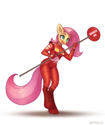 Size: 1200x1425 | Tagged: safe, artist:asimos, imported from derpibooru, fluttershy, anthro, unguligrade anthro, clothes, ferrari, formula 1, jumpsuit, mechanic, open mouth, sign, simple background, solo, teary eyes, white background, wingless