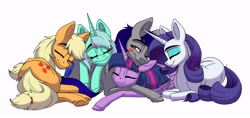 Size: 10464x4958 | Tagged: safe, artist:celestial-rainstorm, imported from derpibooru, applejack, lyra heartstrings, rarity, twilight sparkle, oc, oc:maverick, alicorn, earth pony, pony, unicorn, cuddling, cute, kiss mark, lipstick, simple background, snuggling, twilight sparkle (alicorn), white background