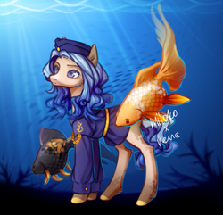Size: 2329x2248 | Tagged: safe, artist:miioko, imported from derpibooru, oc, oc only, earth pony, fish, goldfish, pony, clothes, earth pony oc, eyelashes, signature, underwater
