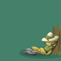 Size: 1750x1750 | Tagged: safe, artist:binidi, imported from derpibooru, daring do, pegasus, pony, female, green background, hat, mare, relaxing, simple background, sleeping, solo, tree, wings