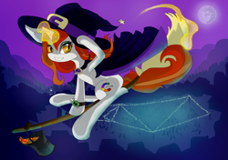 Size: 2480x1748 | Tagged: safe, artist:binidi, imported from derpibooru, oc, oc only, pony, unicorn, broom, female, flying, flying broomstick, full moon, glowing, glowing horn, hat, horn, mare, mare in the moon, moon, solo, unicorn oc, witch hat