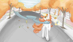 Size: 2480x1443 | Tagged: safe, artist:binidi, imported from derpibooru, oc, oc only, pony, unicorn, clothes, cup, female, glowing, glowing horn, halloween, holiday, horn, jack-o-lantern, leaves, looking back, magic, mare, outdoors, pumpkin, raised hoof, scarf, solo, telekinesis, tree, unicorn oc, wind
