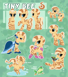 Size: 2301x2607 | Tagged: safe, artist:binidi, imported from derpibooru, oc, oc only, oc:tiny bee, frog, zebra, clothes, dress, female, mare, raised hoof, reference sheet, smiling, zebra oc