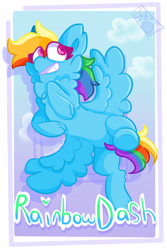 Size: 1280x1920 | Tagged: safe, artist:stinkygooby, imported from derpibooru, rainbow dash, pegasus, pony, cheek fluff, female, grin, mare, smiling, solo, spread wings, underhoof, wings