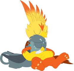 Size: 3560x3404 | Tagged: safe, artist:porygon2z, imported from derpibooru, gabby, oc, oc:blaze, griffon, female, simple background, snuggling, transparent background