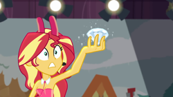 Size: 1280x720 | Tagged: safe, artist:lukasz, edit, imported from twibooru, screencap, sunset shimmer, equestria girls, equestria girls series, opening night, animal costume, bunny costume, bunny ears, bunny suit, clothes, collar, costume, diamond, director shimmer, female, image, opening night: sunset shimmer, png, soliloquy, solo