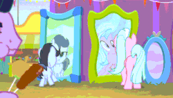 Size: 1920x1080 | Tagged: safe, imported from derpibooru, screencap, shady daze, smooth move, tender brush, winter lotus, earth pony, pony, growing up is hard to do, animated, butt, colt, female, foal, funhouse mirror, gif, male, mare, mirror, plot