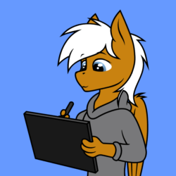 Size: 800x800 | Tagged: safe, artist:pegasko, imported from derpibooru, oc, oc only, oc:breezy brown, anthro, pegasus, animated, blinking, clothes, drawing, dress, gif, graphics tablet, holding, hoodie, looking at something, paws, pegasus oc, simple background, solo, stylus, wings