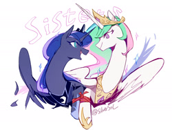 Size: 1941x1456 | Tagged: safe, artist:fan_silversol, imported from derpibooru, princess celestia, princess luna, alicorn, pony, crown, duo, female, horn, jewelry, regalia, royal sisters, siblings, signature, simple background, sisters, white background