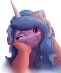 Size: 694x836 | Tagged: safe, artist:itssim, imported from derpibooru, izzy moonbow, oc, oc:anon, human, pony, unicorn, :3, behaving like a cat, cute, daaaaaaaaaaaw, ear scratch, female, finger, g5, hand, happy, horn, itssim is trying to murder us, izzybetes, looking at you, mane, mare, my little pony: a new generation, one eye closed, petting, purple eyes, simple background, smiling, sweet dreams fuel, weapons-grade cute, white background, wholesome