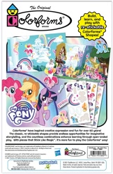 Size: 632x975 | Tagged: safe, imported from derpibooru, applejack, fluttershy, pinkie pie, rainbow dash, rarity, spike, twilight sparkle, alicorn, apple, applejack's hat, balloon, blonde hair, blue eyes, book, castle, cloud, colorforms, cowboy hat, cupcake, curly hair, food, green eyes, guitar, hat, musical instrument, my little pony logo, orange skin, piano, pink hair, pink skin, ponyville, purple eyes, purple hair, purple skin, purple wings, rainbow, sky, sticker, tree, twilight sparkle (alicorn), wings, yellow hair, yellow wings