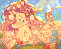 Size: 2048x1638 | Tagged: safe, artist:cometbunn, imported from derpibooru, fluttershy, pegasus, pony, cute, dandelion, female, floppy ears, flower, flower in hair, hair over one eye, leonine tail, lying down, mare, prone, shyabetes, solo, tail, unshorn fetlocks