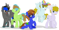 Size: 1280x652 | Tagged: safe, artist:blues-edits, imported from derpibooru, oc, oc:bluebook, oc:bubbling beaker, oc:country rock, oc:harmonic melody, oc:rainbow lightning, alicorn, pegasus, base used, beard, colored wings, facial hair, freckles, glasses, hat, ponysona, simple background, transparent background, two toned mane, two toned wings, wings