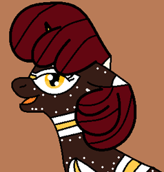 Size: 304x319 | Tagged: safe, artist:jadeharmony, artist:theponygaming, imported from derpibooru, oc, oc only, oc:figjam outback, pony, unicorn, australia, australia day, australian, base used, brown background, female, mare, markings, open mouth, simple background, solo