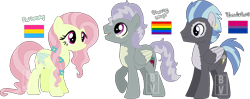 Size: 1069x424 | Tagged: safe, artist:bookieverse-nextgen, artist:pure-blue-heart, imported from derpibooru, fluttershy, thunderlane, oc, oc:stormy wings, pegasus, base used, bookieverse, ear piercing, earring, family, female, flower, flower in hair, headcanon, jewelry, male, next generation, offspring, parent:fluttershy, parent:thunderlane, parents:thundershy, piercing, pride flag, redesign, sexuality headcanon, shipping, simple background, straight, thundershy, transparent background